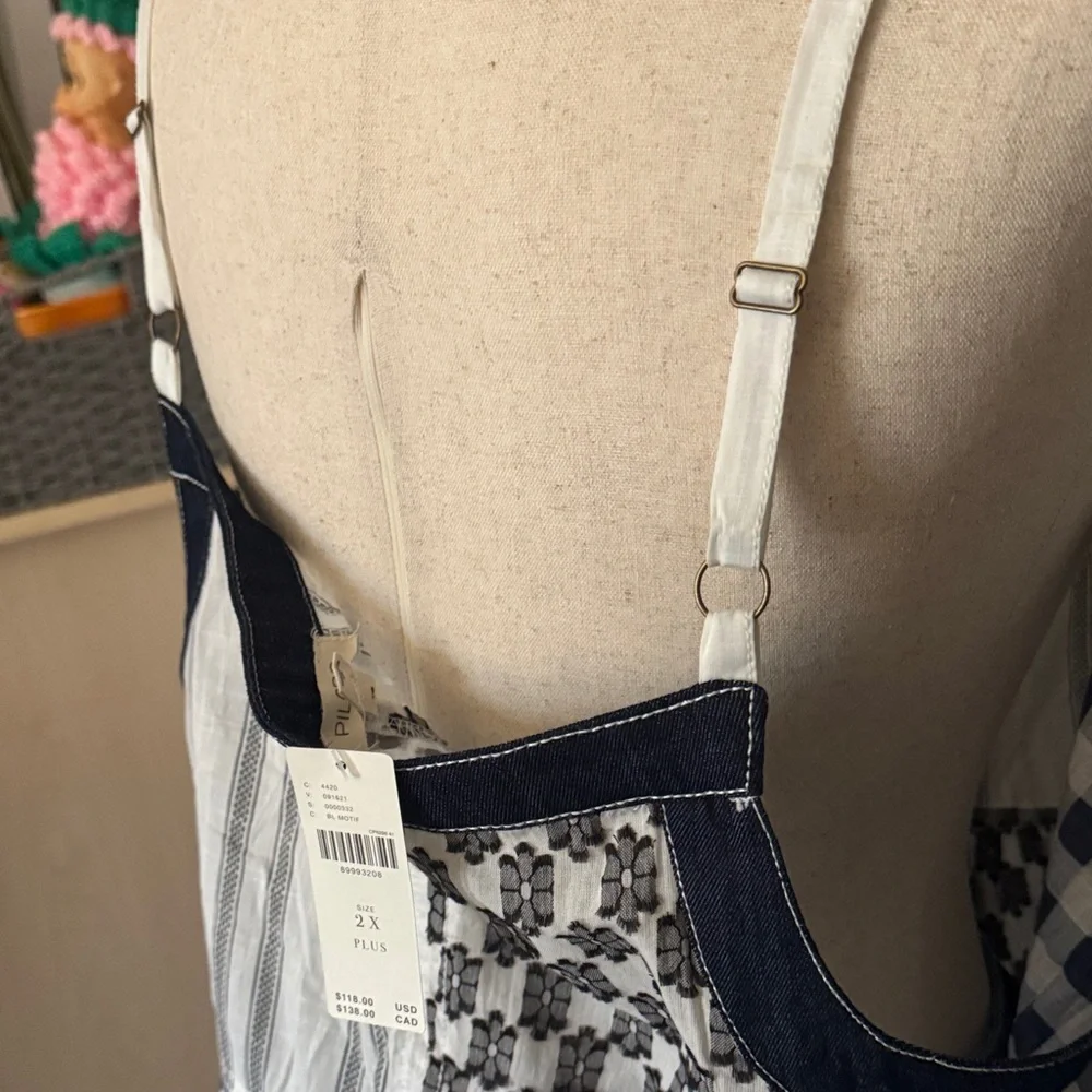 NWT Pilcro navy blue and White Patchwork babydoll top - Picture 4 of 5